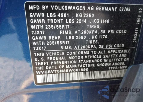 2009 Volkswagen Tiguan Se/Sel from USA, damaged, VIN WVGBV75N39W001690
